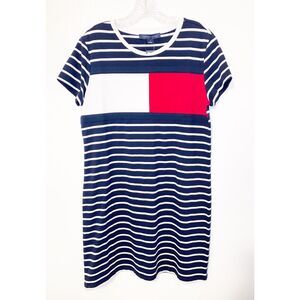 Tommy Hilfiger Blue and White Striped Cotton T-Shirt Dress Size Medium